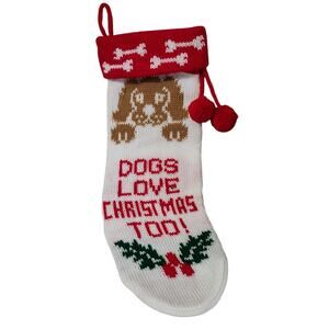 Vintage Crochet 90s Dogs Love Christmas Too! Stocking Noel Dog Bone Red